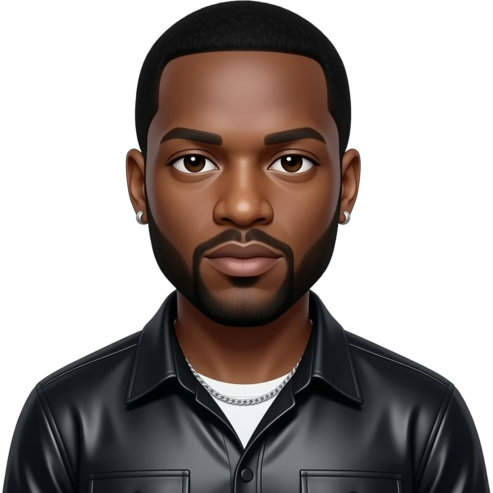 Rick Ross with dark brown eyes, black hair, black metallic shirt, black metallic baggy pants, silver necklace and earrings emoji