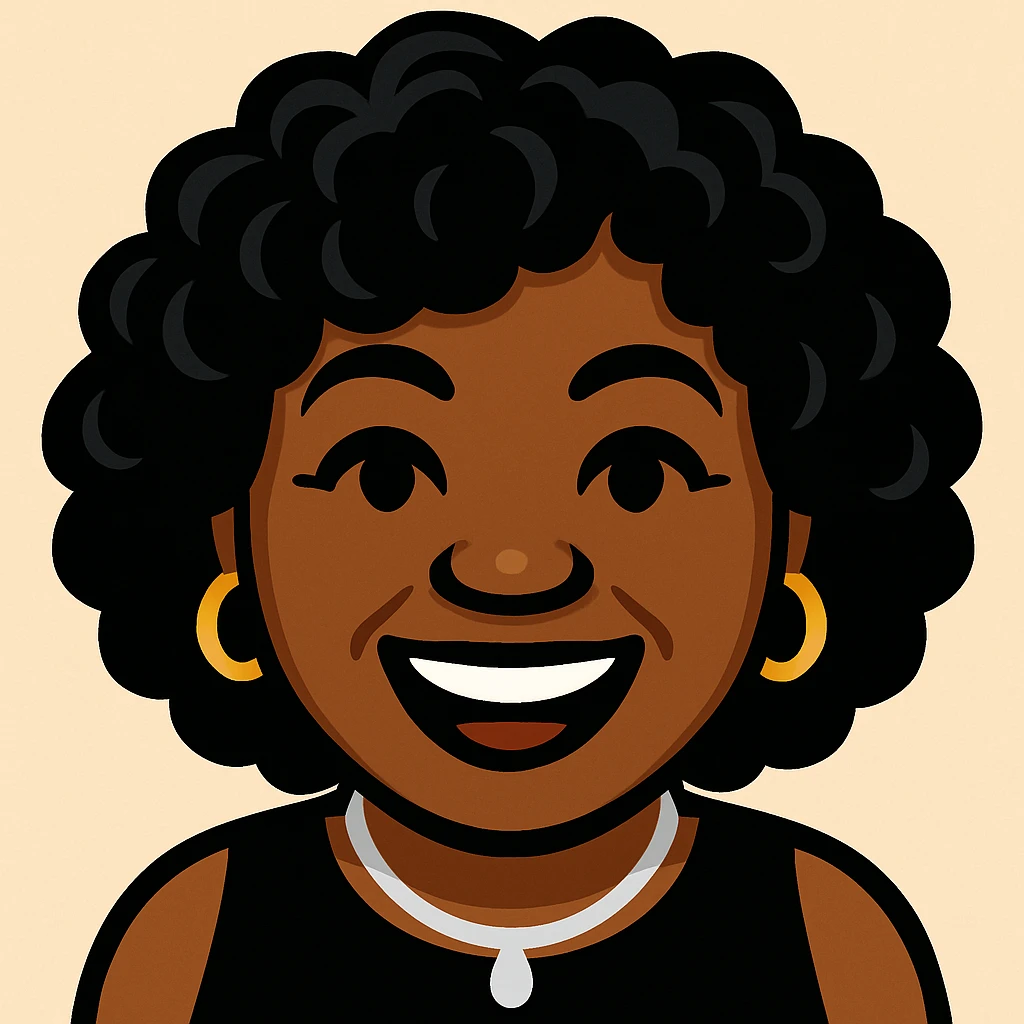 Create an emoji of this lady using a color palette of black, silver, gold, and white. Capture her joyful expression and hairstyle. Outfit and accessories should use only these colors, in a vibrant toon style. emoji