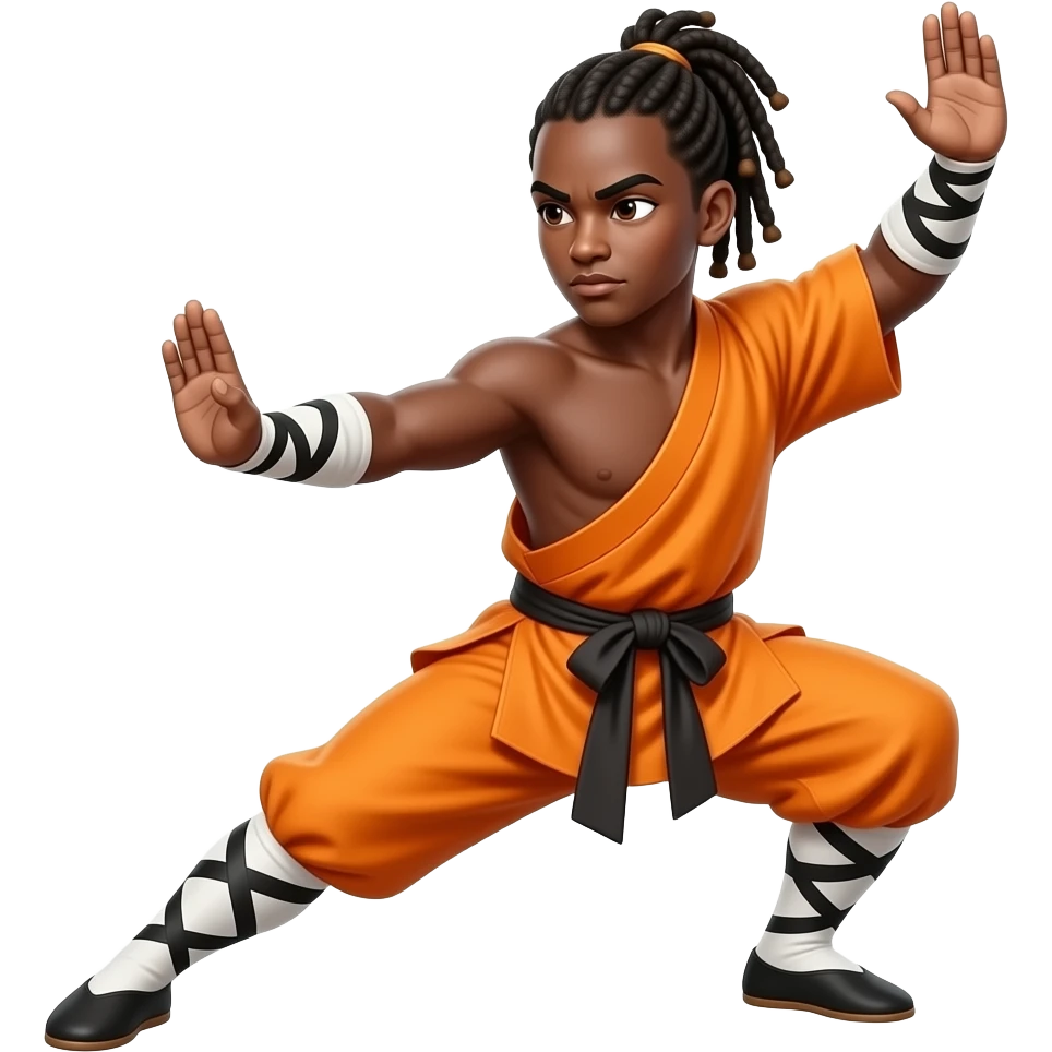 Black American with dreadlocks shaolin monk doing kung fu in orange Buddhist robes emoji