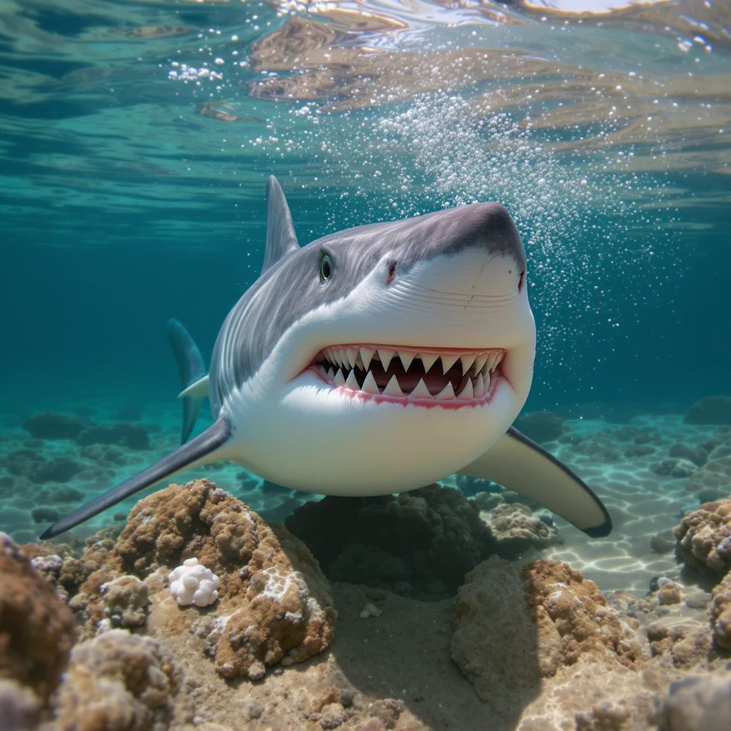 realistic shark with blue shoes, playful and detailed emoji