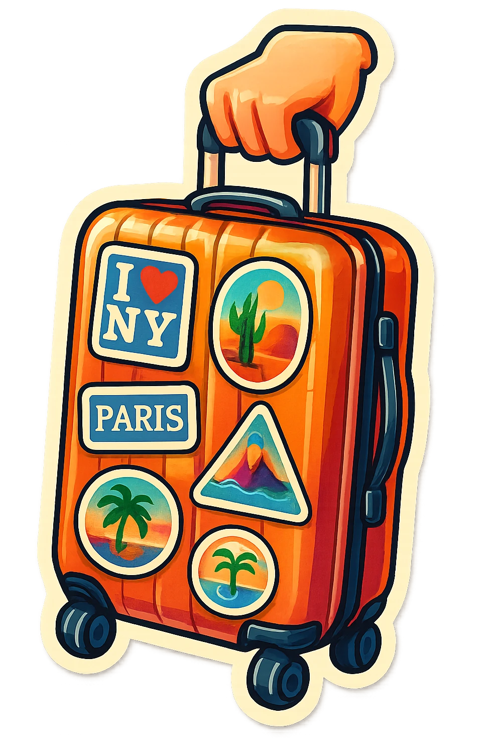 ribbed suitcase with wheels and handle, decorated with various colorful travel stickers, shown semi-sideways or in a hand, retro sticker style with color, clear thick contours, sharp graphic shadows and highlights, no gradient blending emoji