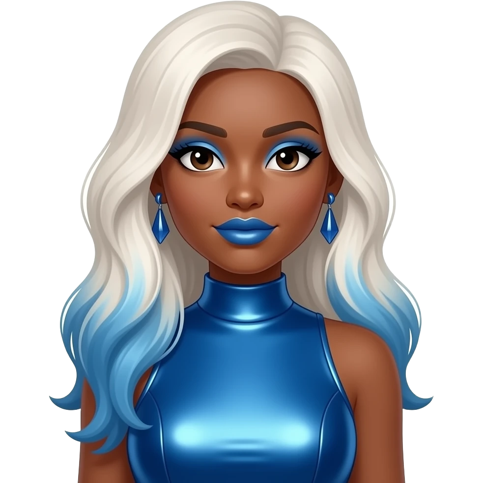 Zonnique "Star" Pullins from OMG Girlz with dark skin, dark brown eyes, long white blonde hair with blue ombre, blue eyeshadow, blue lipstick, blue metallic high neck dress, earrings emoji