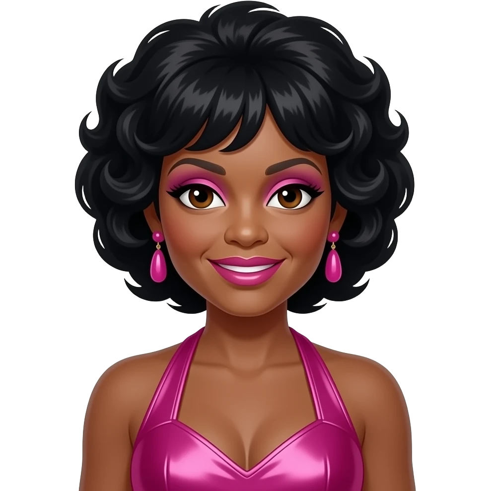 Diana Ross from The Supremes with dark brown eyes, black beehive hairdo, pink eyeshadow and lipstick, hot pink metallic halter dress, pink earrings emoji