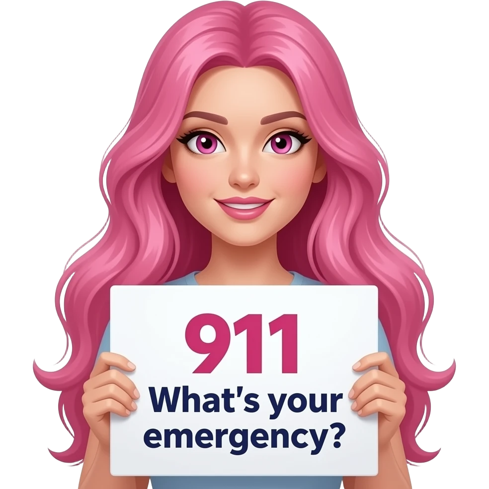 sexy girl with long pink hair and pink eyes wearing a holding a 911 What's your emergency? sign emoji