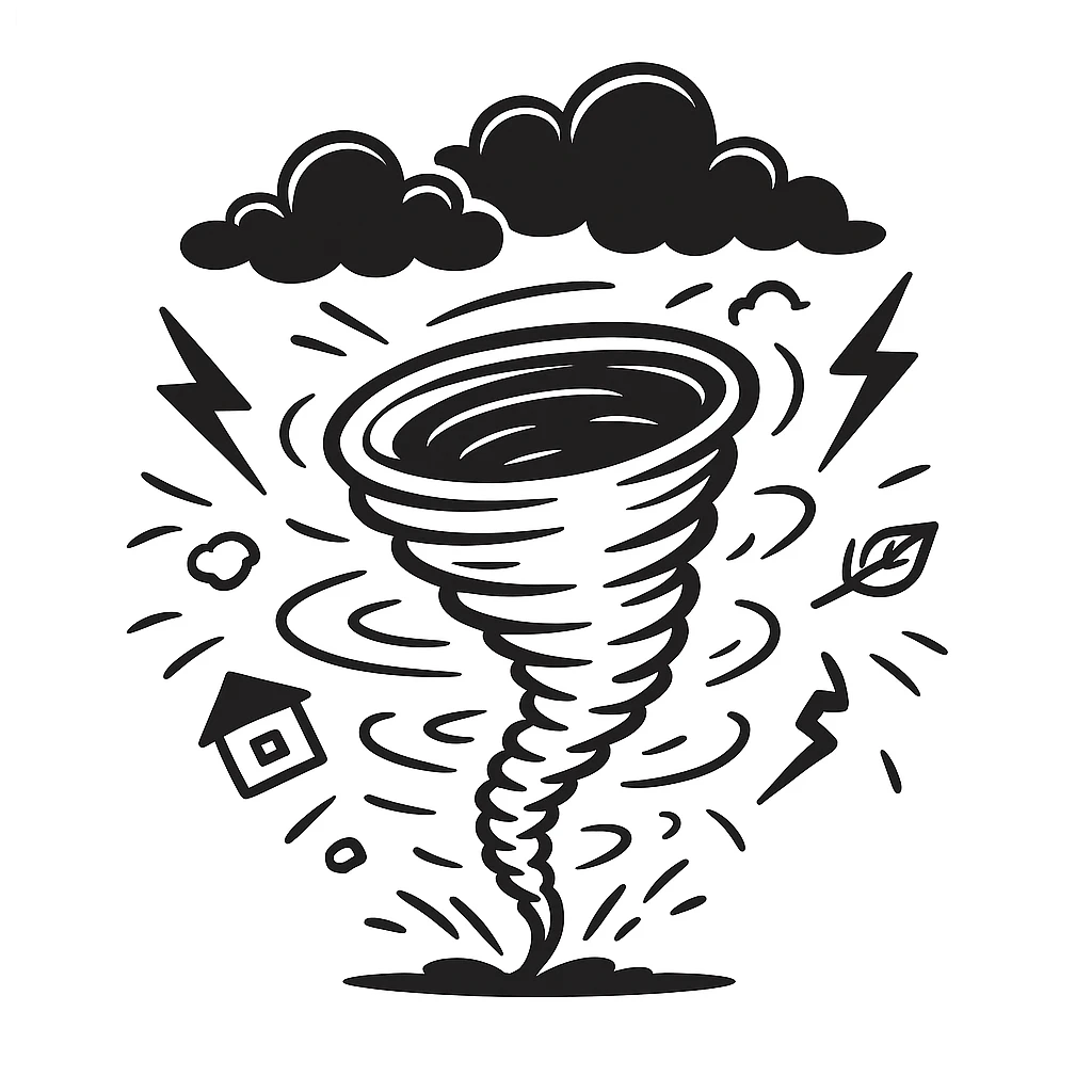 extreme weather with a tornado, black doodle style emoji