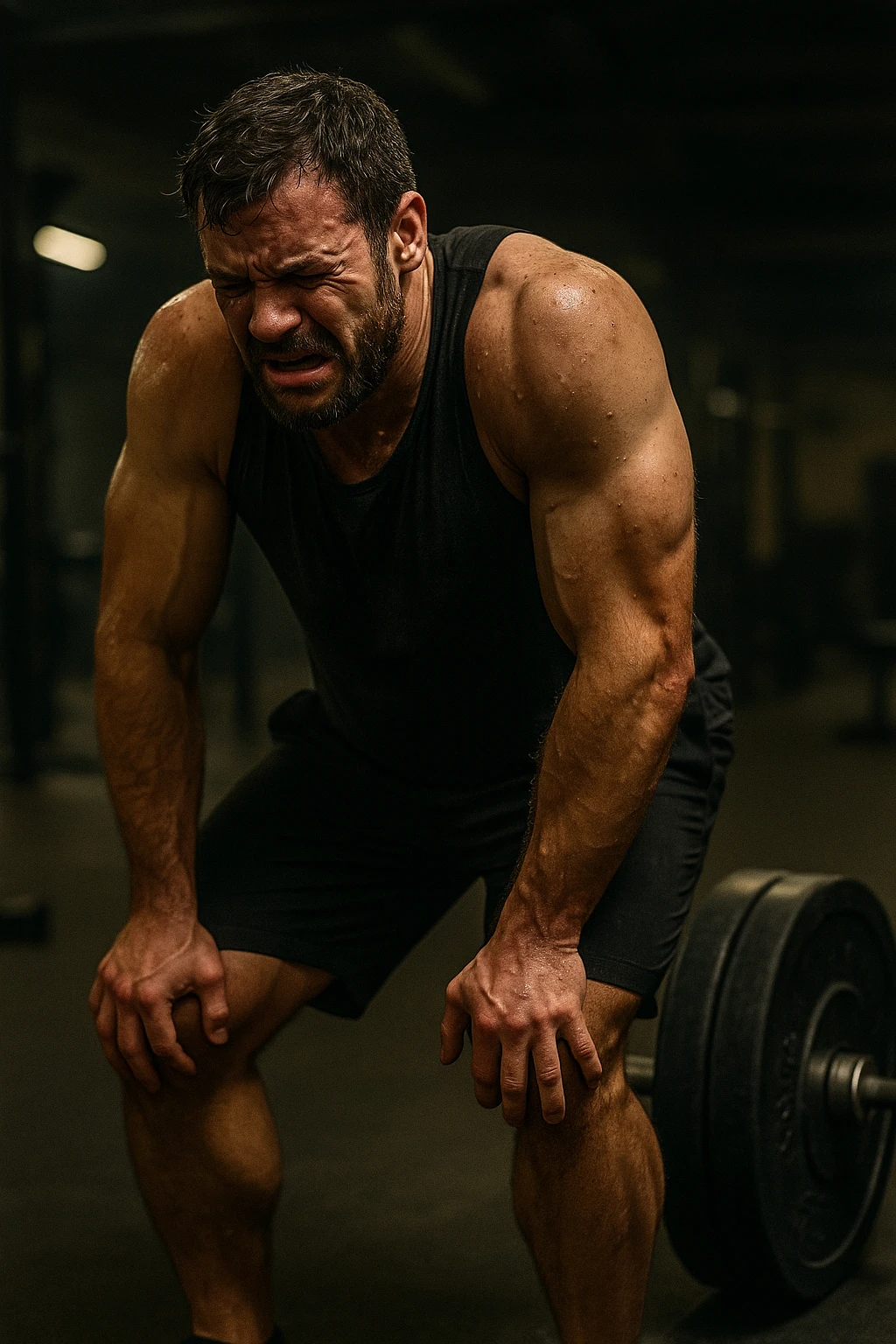 Uomo in palestra durante un allenamento, piegato su sé stesso con le mani sulle ginocchia, sudato, visibilmente esausto. Ha un'espressione di frustrazione e affaticamento estremo. Pesi pesanti accanto a lui, atmosfera intensa, luci soffuse. Il corpo mostra segni di sforzo eccessivo e accumulo di fatica. in italiano emoji