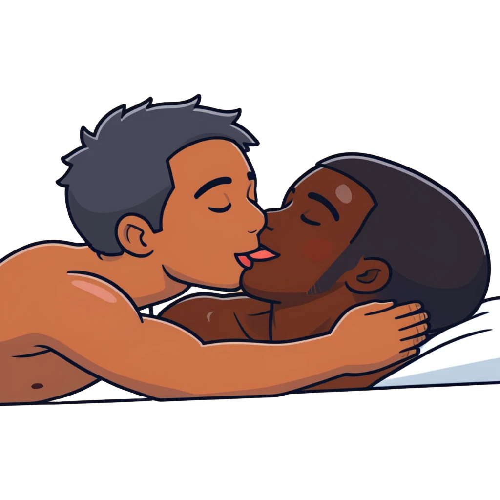 I398.67(((White adult male dark hair))) ,(((Dark skin  adult male))), naked, ((( sexual touching genitals))) , intercourse,spooning, kissing eyes closed tongue open mouth ,penis view, erotic rubbing body, hand job emoji