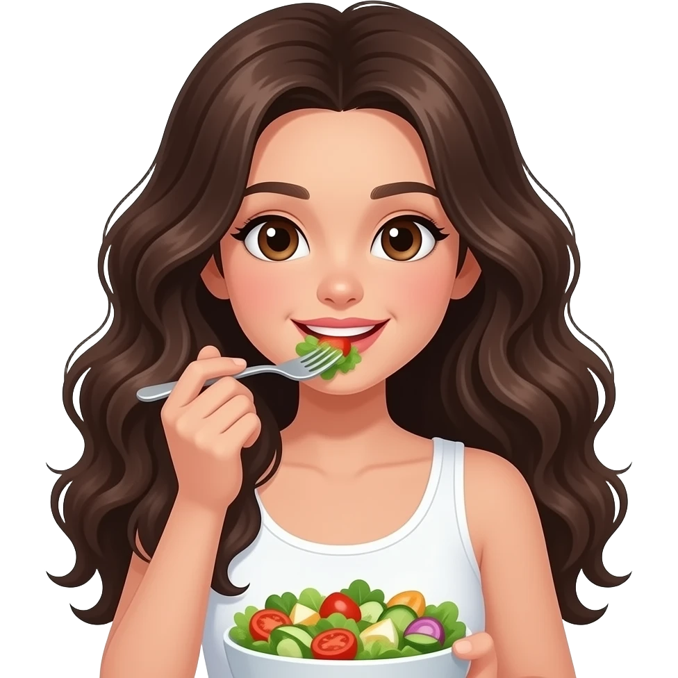 A girl with fair skin, brown eyes, long, incredibly wavy dark brown hair, wearing a white tank top, eating a salad. emoji