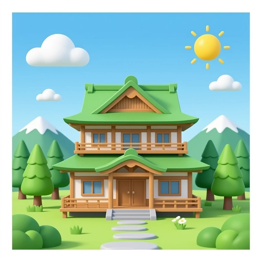 Wooden japanese house with green roof 3d png emoji