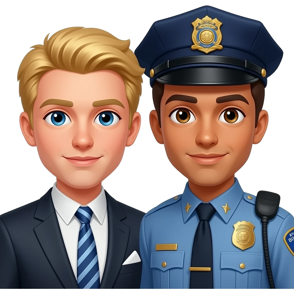Make a young gay couple on a Date , one has light Skin with Blond Hair and Blue Eyes, the other one has slightly brown skin witz dark Brown Hair and Brown Eyes. The blond one is dressed as a banker, the brown one is dressed as a police officer. emoji