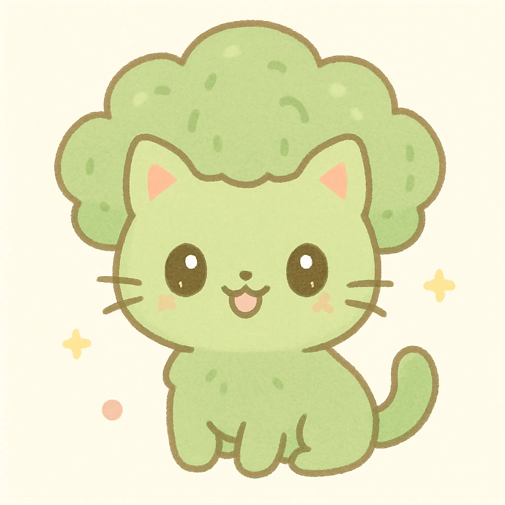 broccoli cat with green fuzzy fur, cat with broccoli-shaped head, cute and playful, kawaii style, simple background emoji