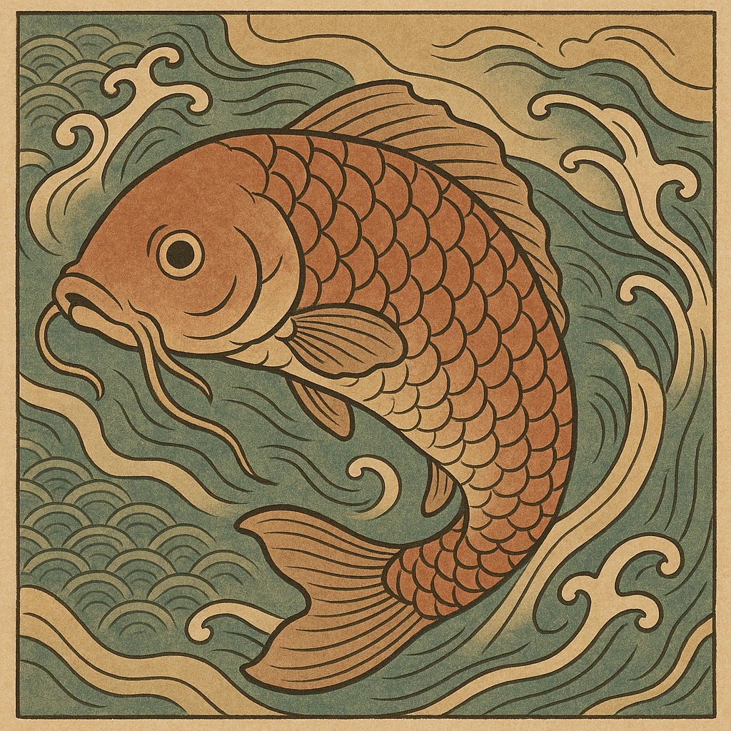 ukiyo-e style illustration of a koi fish swimming emoji