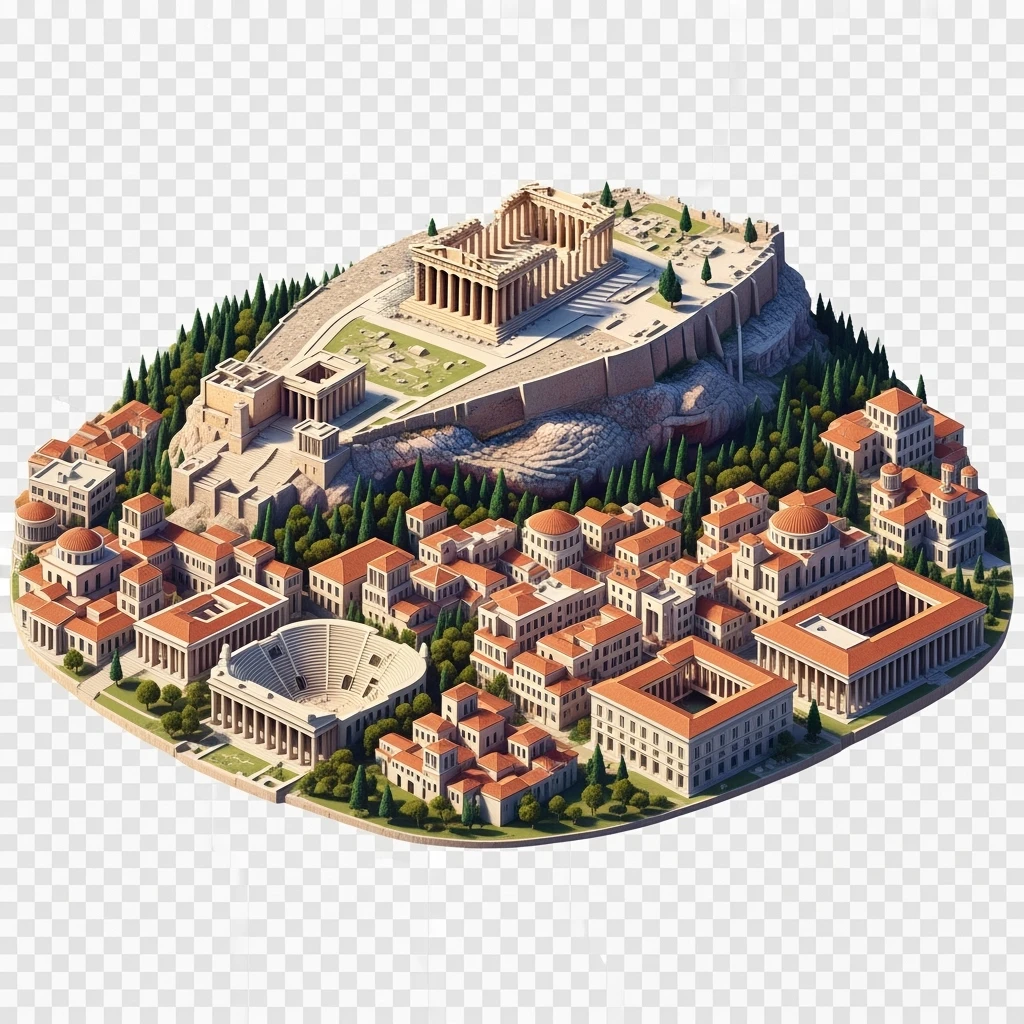 Isometric illustration of Athens, featuring the Parthenon on the Acropolis hill, highly detailed in semi-realistic style balanced between stylized and realistic, 3D miniature effect, transparent background. emoji
