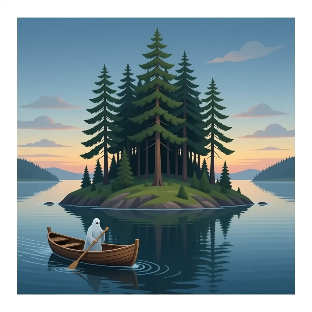 cinematic - Arnold Böcklin's Island of the Dead, a small isolated island with tall pine trees in the middle, in front of the island a broken boat with a ghost rowing emoji