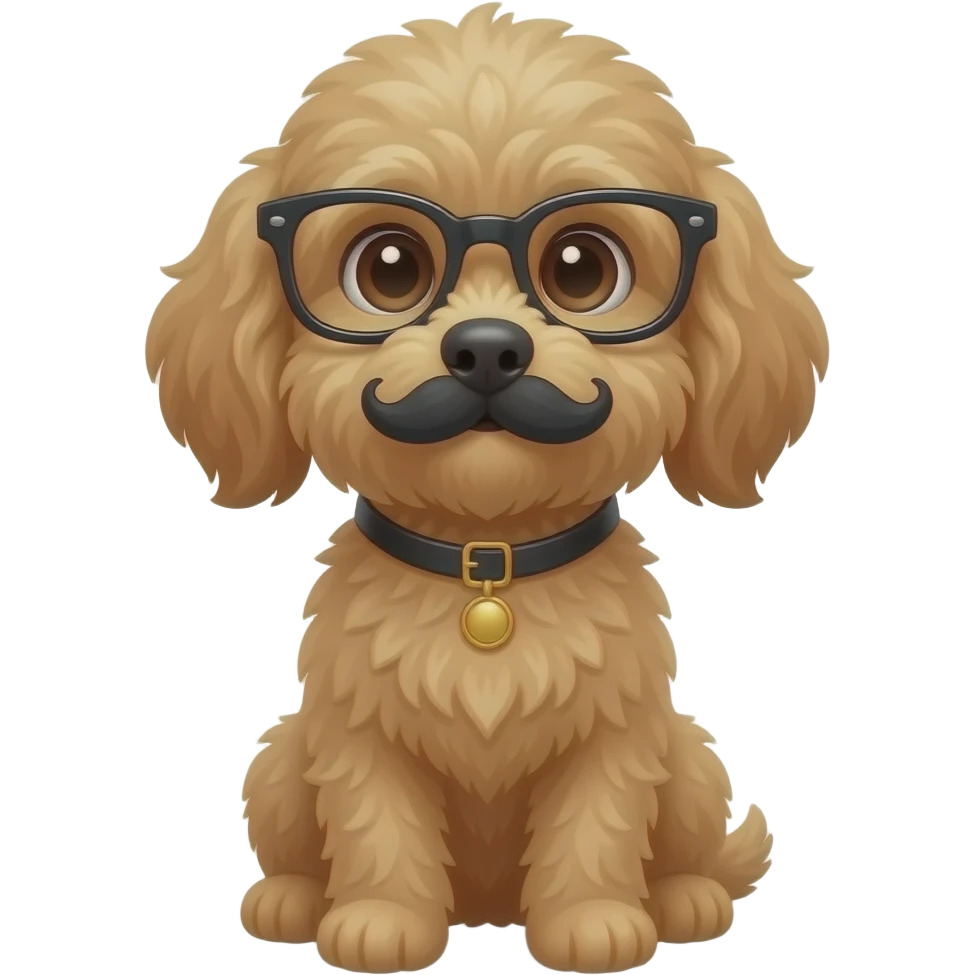 A cavoodle with funny glasses and a moustache emoji