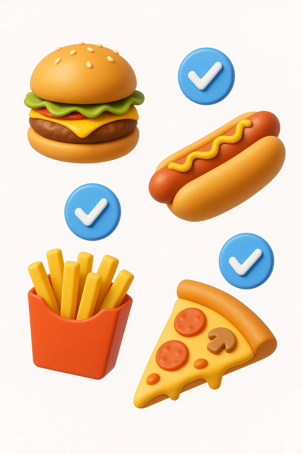 fast food fluttua in aria insieme a spunte di verificato in 3d, sfondo bianco emoji