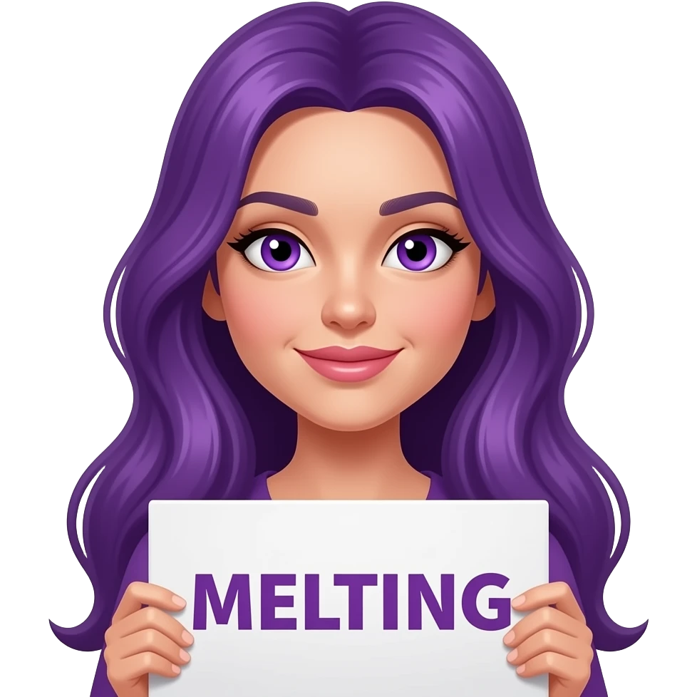 sexy girl with long purple hair and purple eyes holding a MELTING sign emoji