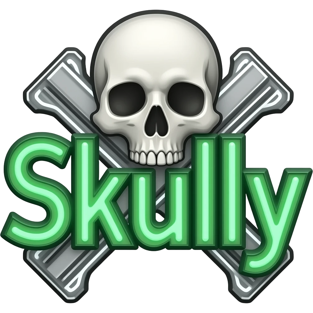 Create me a neon sign that says "Skully" in green with a skull and cross pistols behind it, (the skull and pistols are neon white, grey, and assorted colors) emoji
