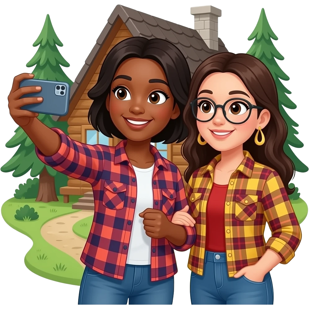 A black girl and spanish girl taking a selfie together in front of a cabin in the woods while wearing flannel emoji