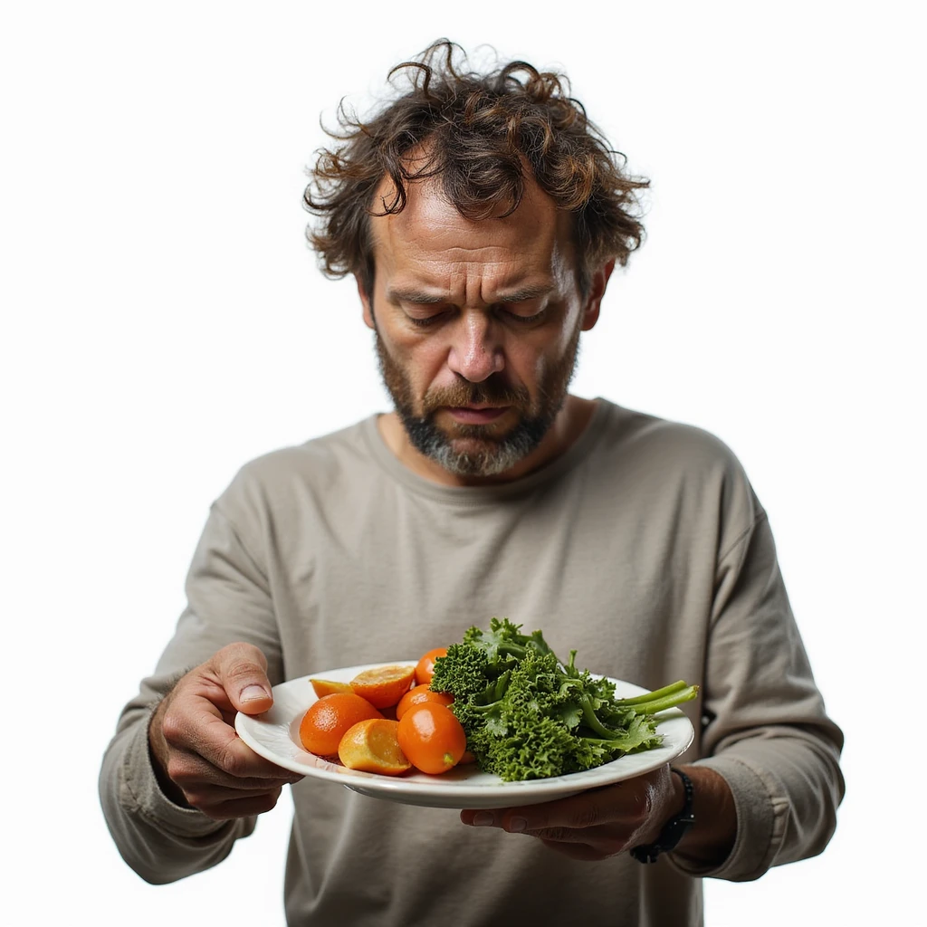 realistic man, dull hair and dry skin, plate with only vegetables, atmosphere of malaise, caption in Italian: “Dieta priva di grassi salutari: compromissione della salute”, isolated on white background emoji