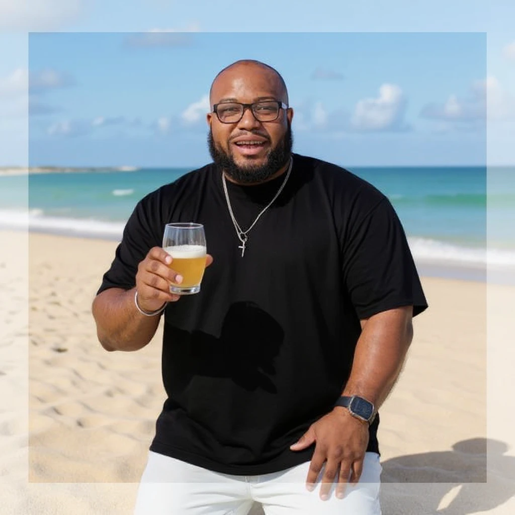 take this picture of a man and make it  beach photo with drink emoji