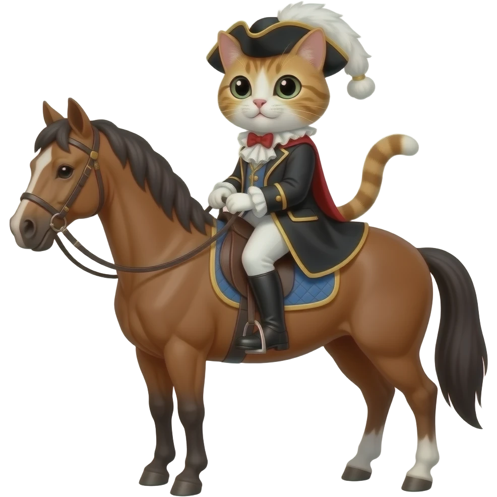 Atın üstüne eyersiz binip şovalye kıyafeti giymiş kedi emoji