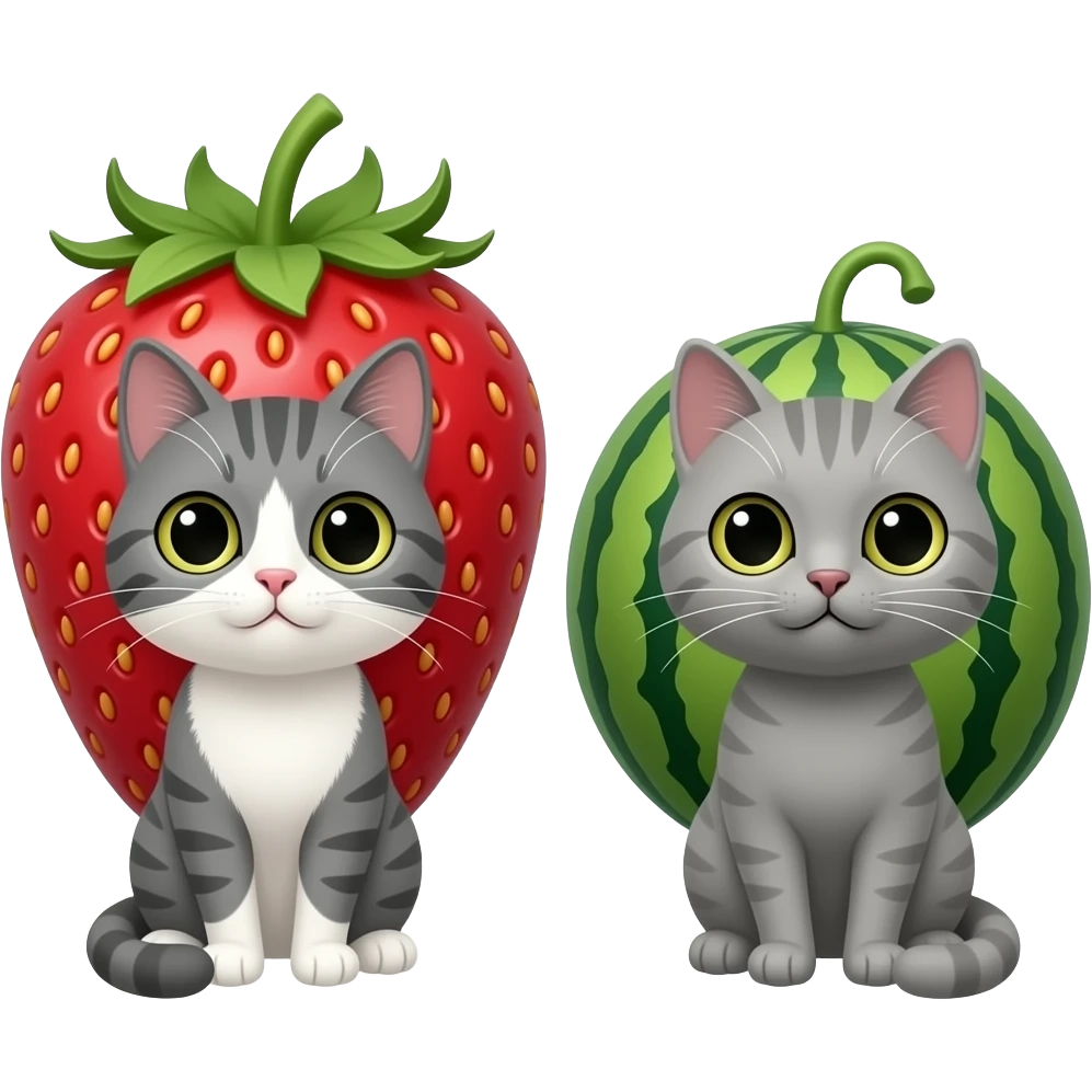 grey cat in round strawberry and grey cat in round watermelon emoji
