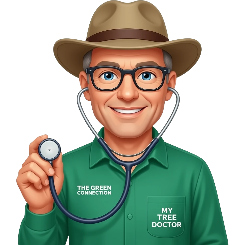Smiling middle-aged man blue eyes. Dark rectangle glasses, in green-collared, long-sleeve shirt.  Flatter wider-brim Australian Akubru hat. Holding a stethoscope. Insert 'THE GREEN CONNECTION' in white directly onto the left pocket & onto the right pocket, place only the words 'MY TREE DOCTOR' emoji