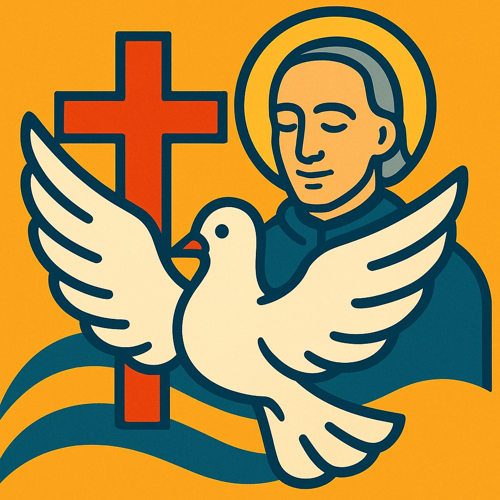 stylized dove and cross with a subtle outline of Hno. Gabriel Taborin, clean and spiritual, Christian vocational animation emoji