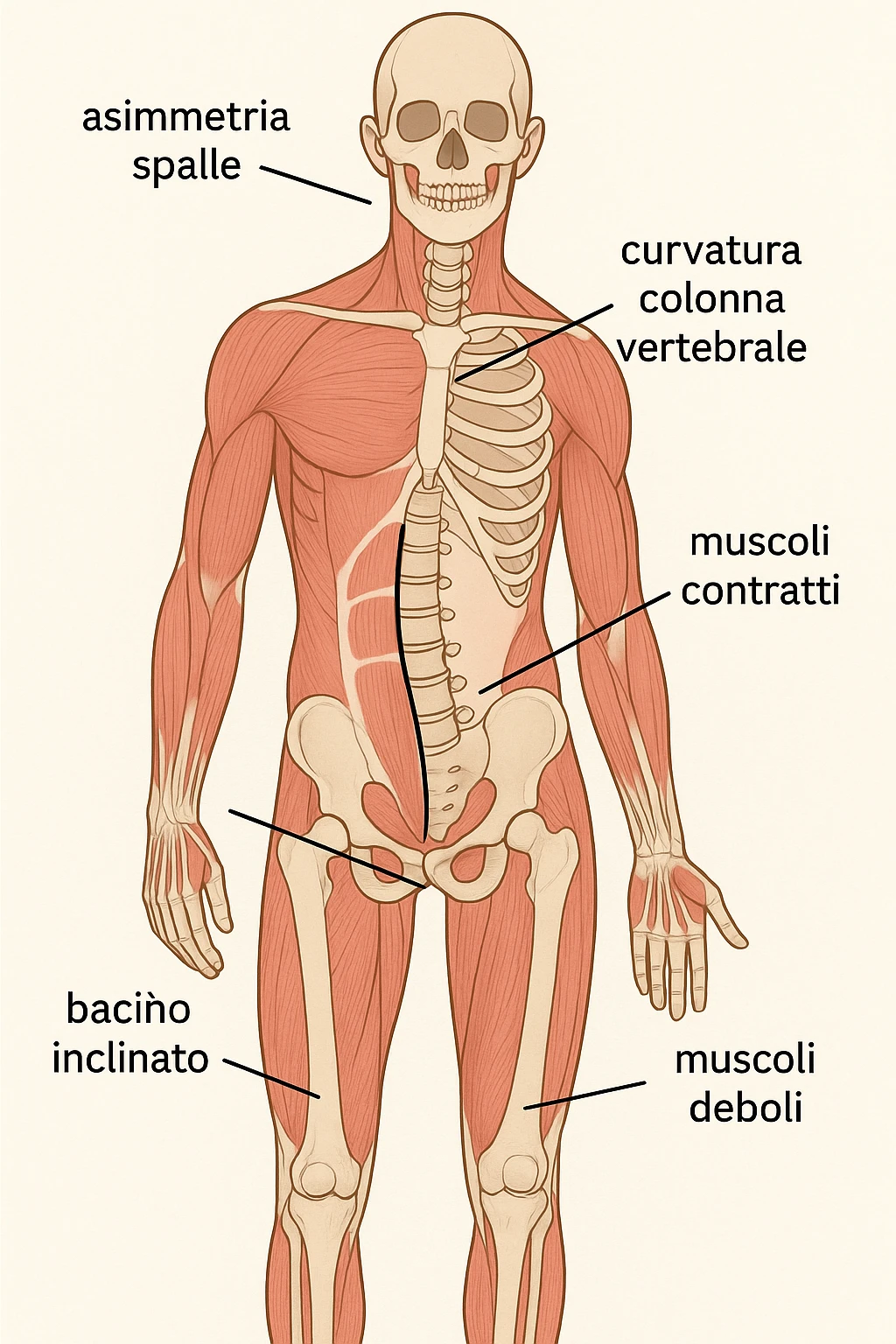 Uomo con problemi di asimmetrie e bacino inclinato, visione anatomica in italiano emoji