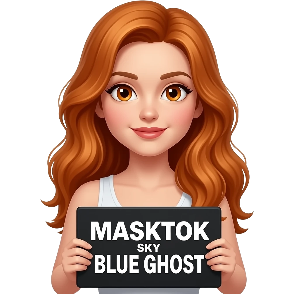 sexy girl with long wavy ginger hair and ginger eyes wearing a white tanktop is holding a black colored sign with MASKTOK SKY BLUE GHOST written on it emoji