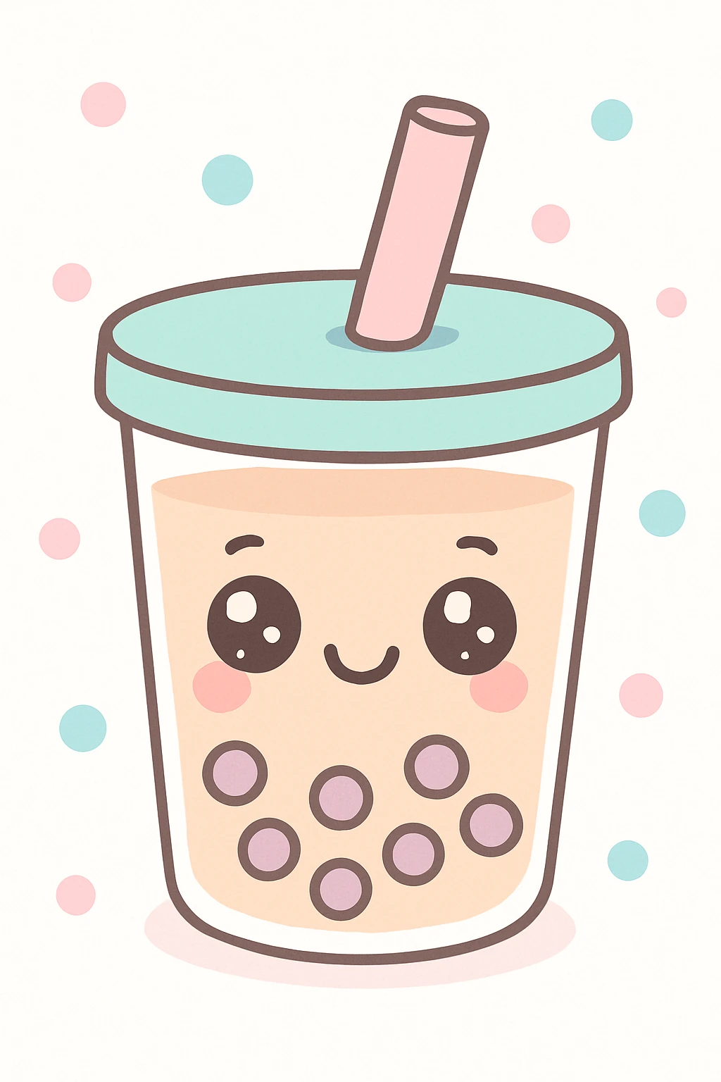 cute kawaii style bubble tea with a smiling face, pastel colors, big eyes, and a straw emoji