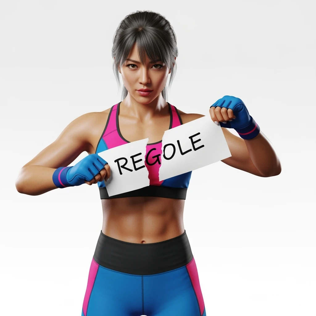 DONNA FITNESS CHE STRAPPA UN FOGLIO CON LA SCRITTA "REGOLE", IPERREALISTICA 4K, SENZA SFONDO emoji