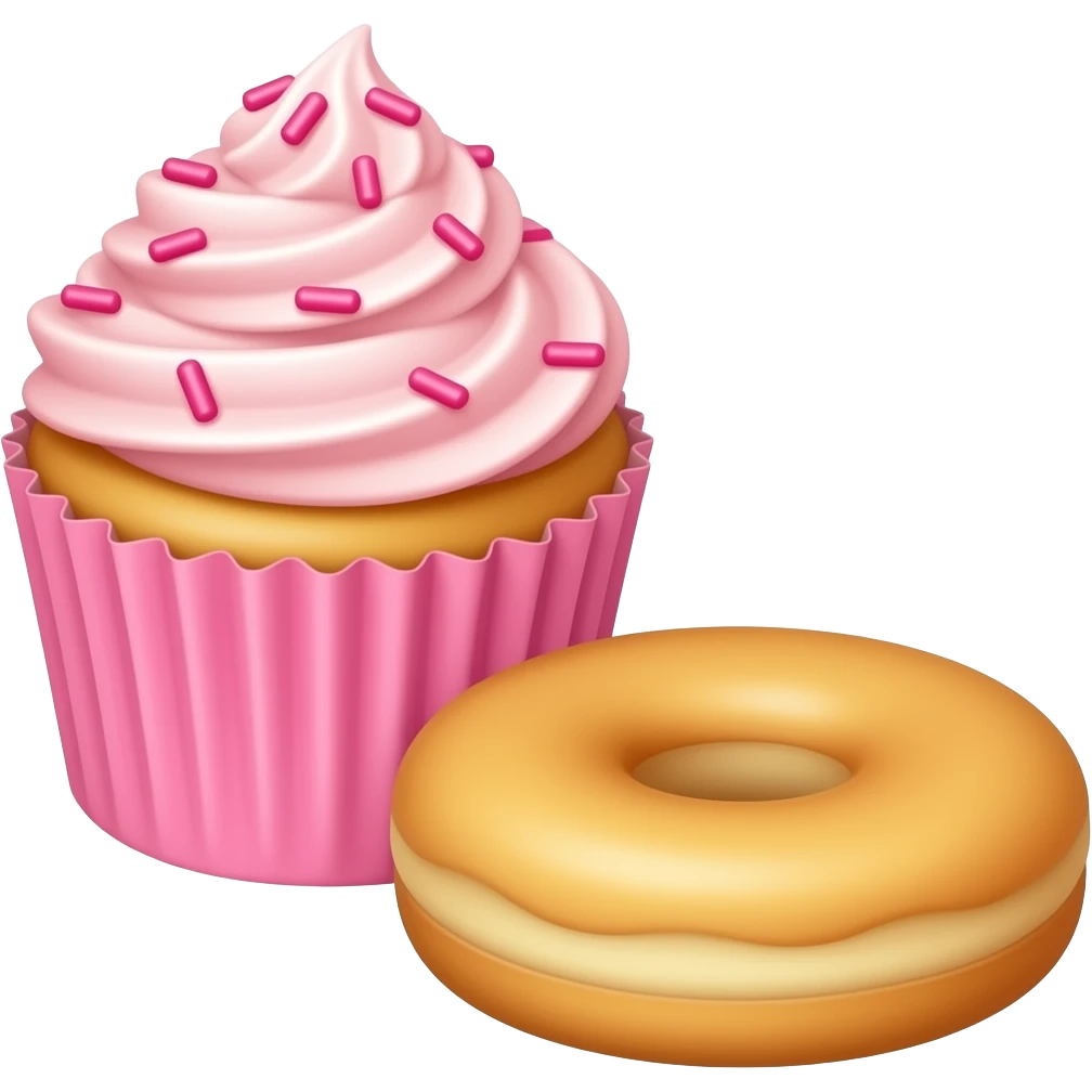 Vanilla cupcake pink frosting and Sprinkles cupcake pink paper and donut in the foreground emoji