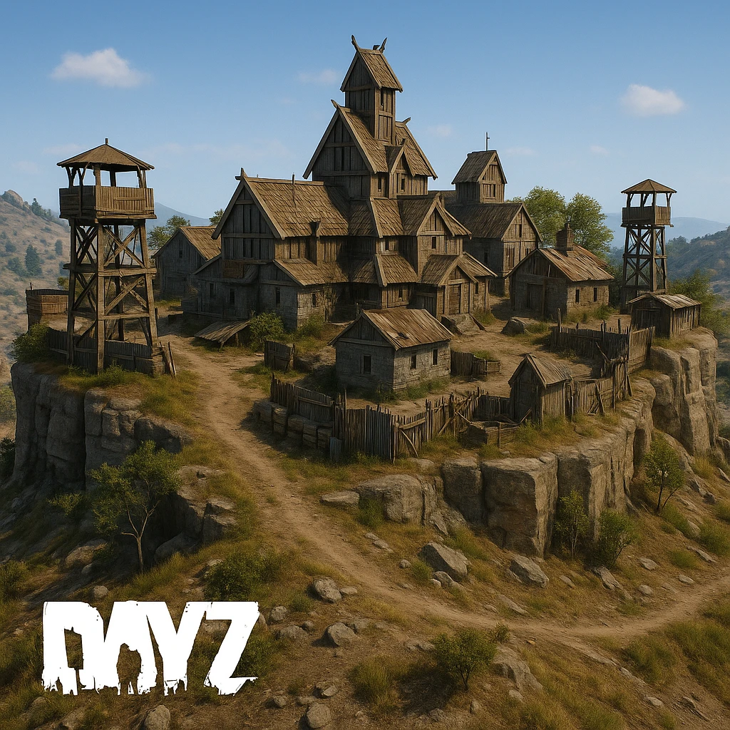 A small hilltop mesa city in the videogame dayz, screensot, based on whiterun but with modern DayZ architecture  emoji