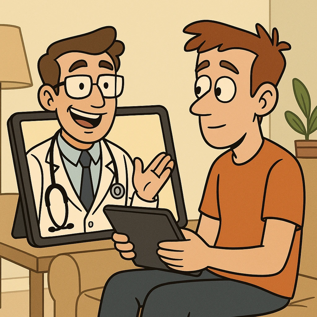 telehealth, doctor on a screen, patient at home, simple and approachable emoji