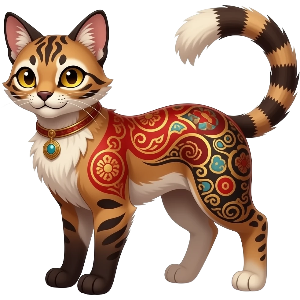 Dark gloomy red-golden-brownish-beige-gradients colorful painted marked patterned Asian glorious divine exotic cute cool beautiful shiny beautiful fantasy-caracal-civet-genet-sergal-vernid-Cacomistle-oncilla-animal-Fakémon-hybrid-fursona (full body) emoji
