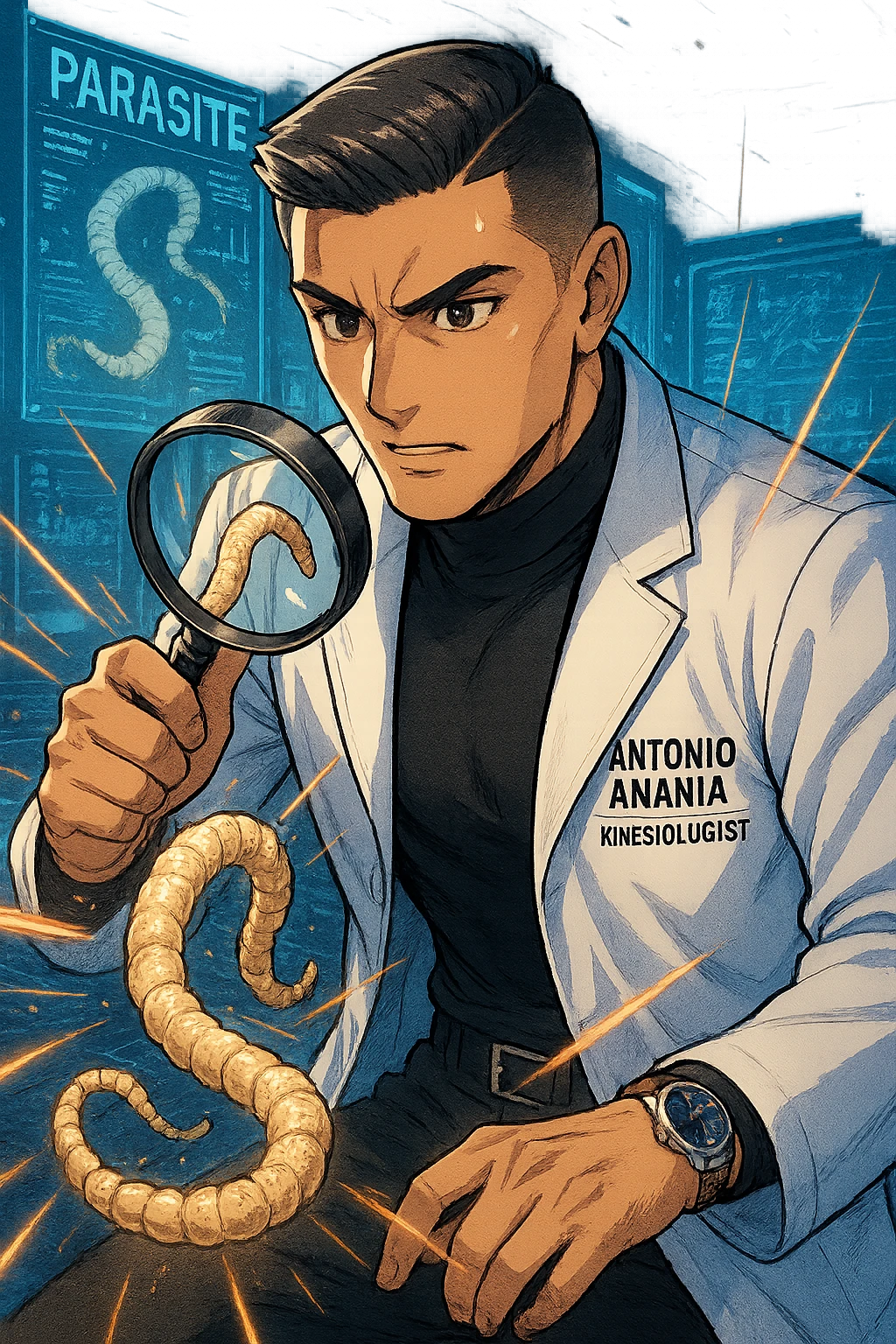A dynamic manga/webtoon-style illustration of a young male kinesiologist wearing a clean white lab coat, analyzing light beige worms like a tapeworm under a magnifying glass. His expression is focused and slightly intrigued, with sharp, detailed eyes. The art style is vibrant, with bold linework, rich colors, and dramatic lighting. The background is a futuristic laboratory with glowing holographic screens displaying parasite data. The tapeworm is intricately drawn, slimy and segmented, with a slightly exaggerated yet realistic texture. The composition is dynamic, with motion lines or energy effects to emphasize his scientific investigation. The atmosphere is intense but not dark, keeping a balance between scientific seriousness and stylish manga aesthetics, he has "ANTONIO ANANIA" WRITTEN ON WHITE LAB COAT emoji