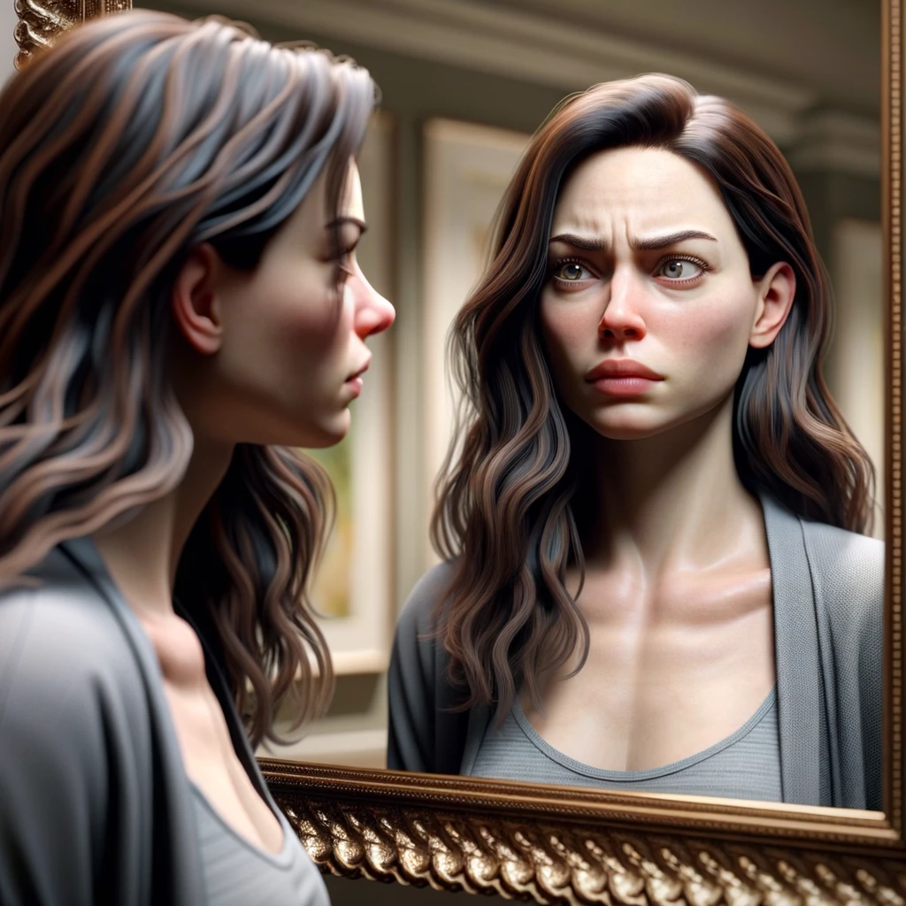 DONNA CHE SI GUARDA ALLO SPECCHIO CON ESPRESSIONE DUBBIOSA IN VOLTO, iperrealistico 4k emoji