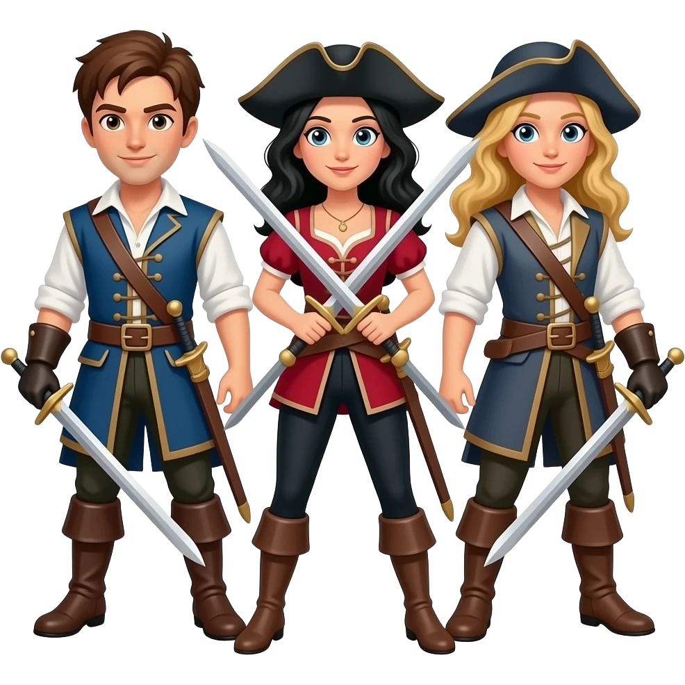 Three musketeers. One guy with brown hair, one girl with black hair and one girl with blond hair. They cross swords and they wear hats. "All for one and one for all" posture. Middle girl needs a sword too. emoji