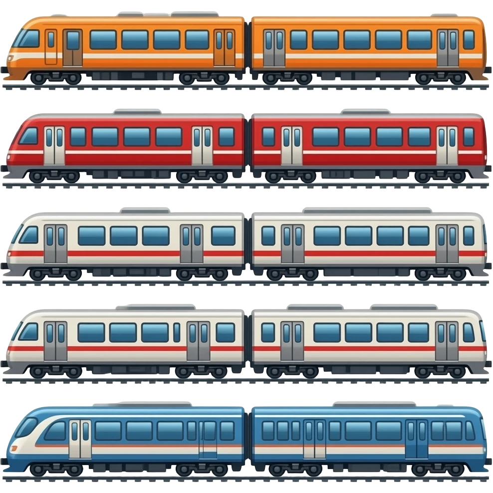 7 orange red blue trains in diffrent types emoji
