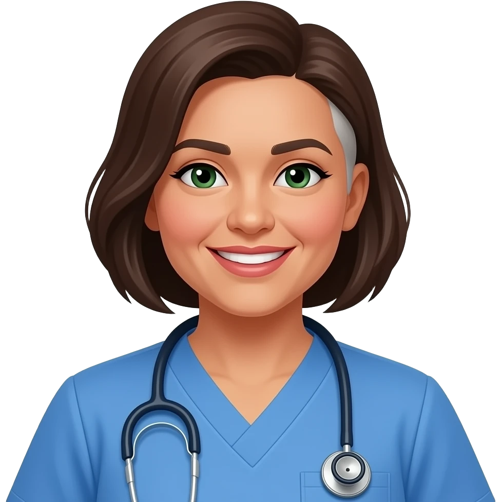 456yr female nurse instructor, dark green eyes, Hispanic, thin eyebrows, mid size lips, short azimetrical hair line with a shaved side, 180 pounds, smiling, small nose, wearing blue nurse scrubs, wears a stethoscope, brown hair with almost no white. emoji