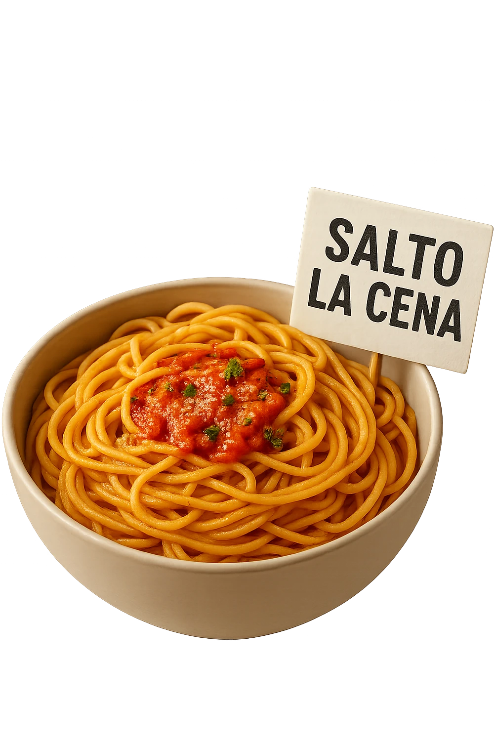 BOWL DI PASTA CON CARTELLO CON LA SCRITTA "SALTO LA CENA",  iperrealistico 4k emoji