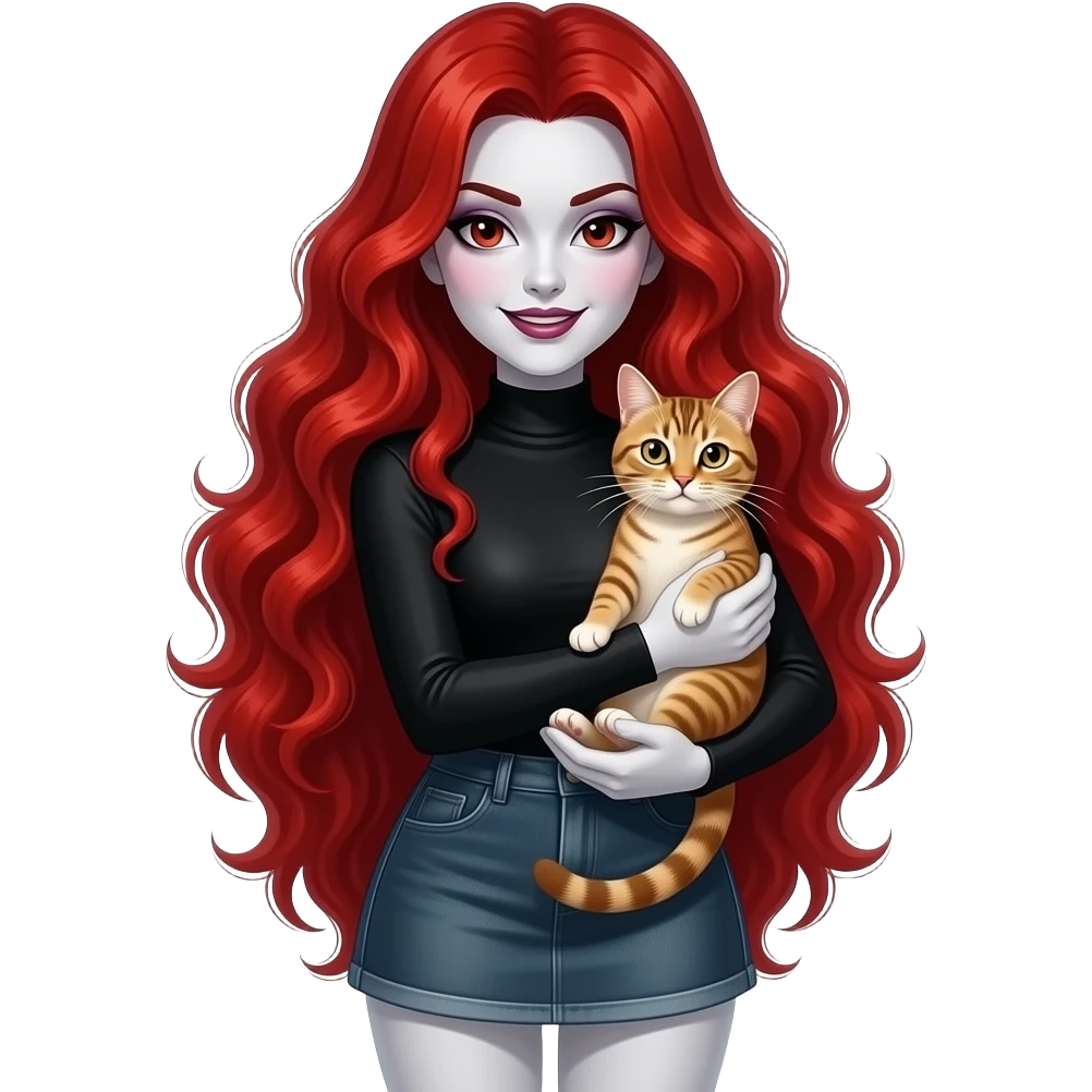 Vampiro femmina con capelli lunghi rosso fuoco ondulati con pelle bianca con gonna corta e felpa attilalante nera con anfibi che tiene in braccio un gattino europeo emoji