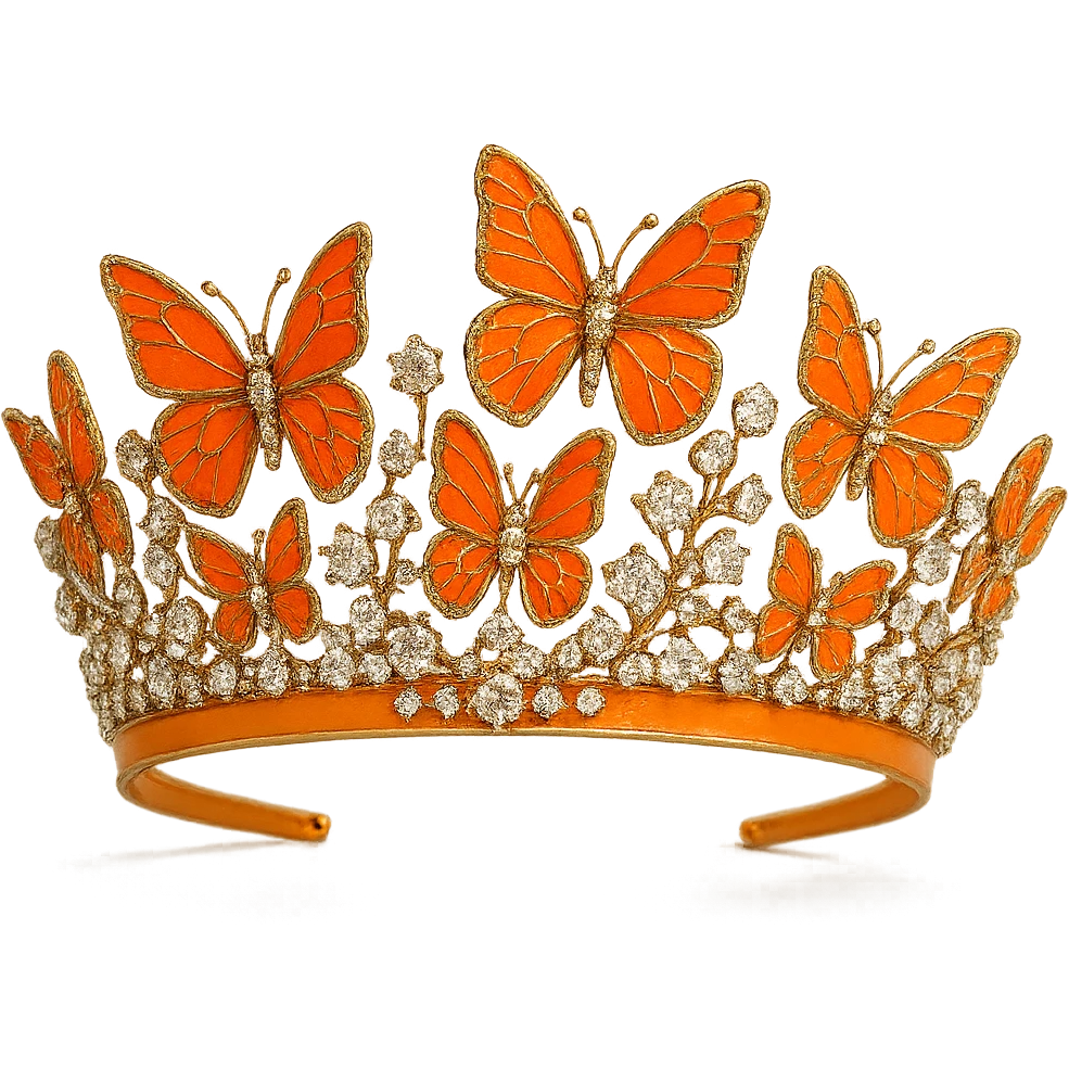 butterfly crown with a tangerine orange base, butterflies in bright orange enamel, sparkling gems emoji