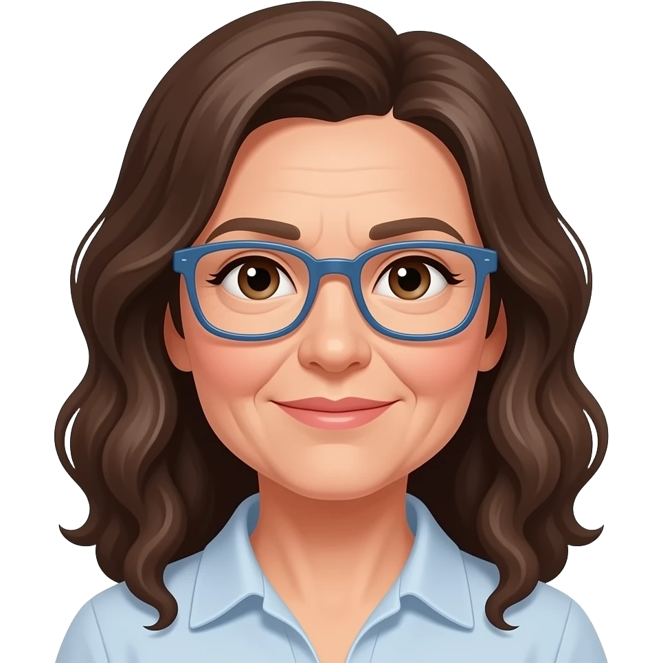 woman in her late 50s, peachy white skin, light brown eyes, dark brown long curly hair with a little bit of grey hair), blue glasses emoji