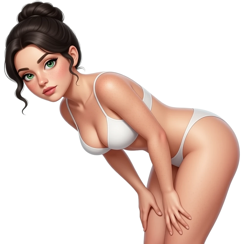 Full body frontal nude very beautiful white young woman very beautiful face with freckles, green almond eyes long lashes, wavy  black hair in a bun i big boobs, big ass, sexy body,  bending over, getting ready for sex, realistic, big ass, busty but skinny. Nude. emoji