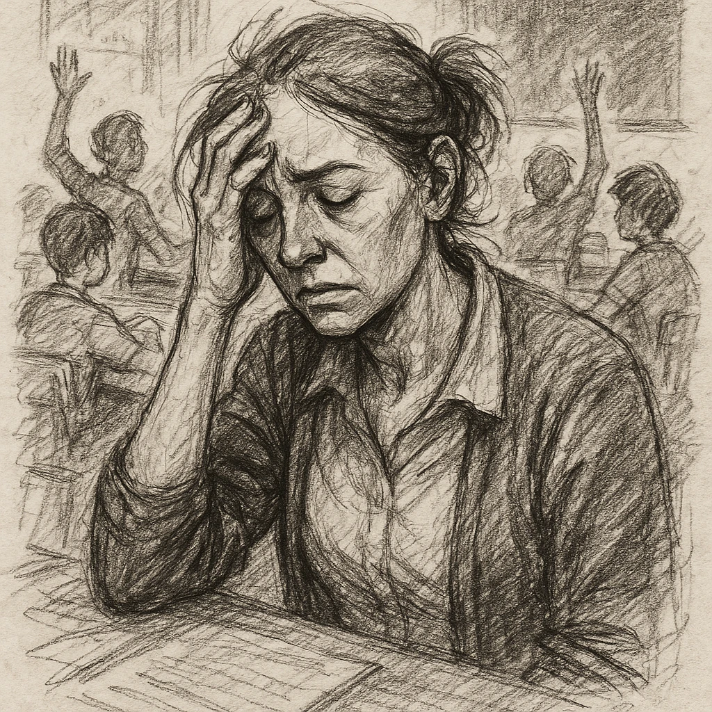 exhausted teacher in a bustling classroom emoji