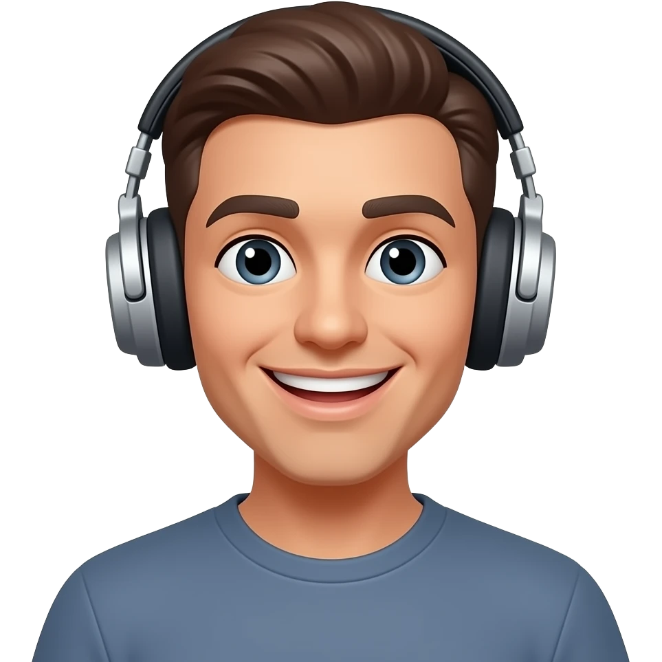 Erstelle ein Emoji mit DJ Kopfhörer und bundem Gesicht, welches fresch lächelt emoji