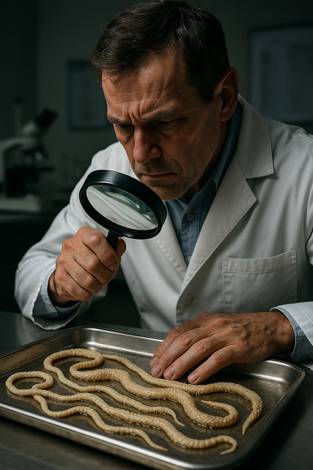 A middle-aged male kinesiologist wearing a pristine white lab coat, intensely analyzing long, beige tapeworms (like Taenia) under a magnifying glass. His expression is focused and slightly concerned, with dramatic studio lighting casting sharp shadows. The parasites are highly detailed, moist, and textured, stretched across a sterile metal tray. The background is blurred but suggests a clinical environment—hints of a microscope, medical charts, and clean lab equipment. The style is hyper-realistic, with a cinematic contrast between the bright white coat and the grotesque, organic forms of the parasites. No sci-fi elements, just raw medical realism with a disturbing edge emoji